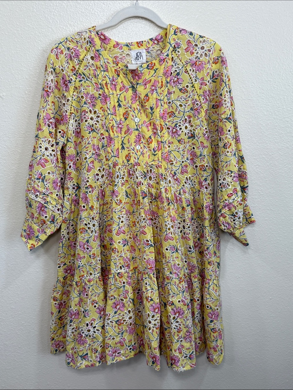 Anthropologie x dRA Yara Eyelet Dress Yellow Lined Floral Boho Prairie Size L